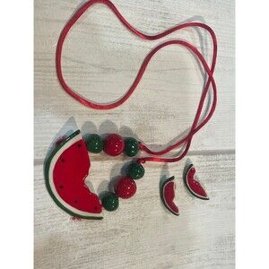 Vintage, watermelon, necklace, and earrings. Ceramic set. Picnic summer beaaded.
